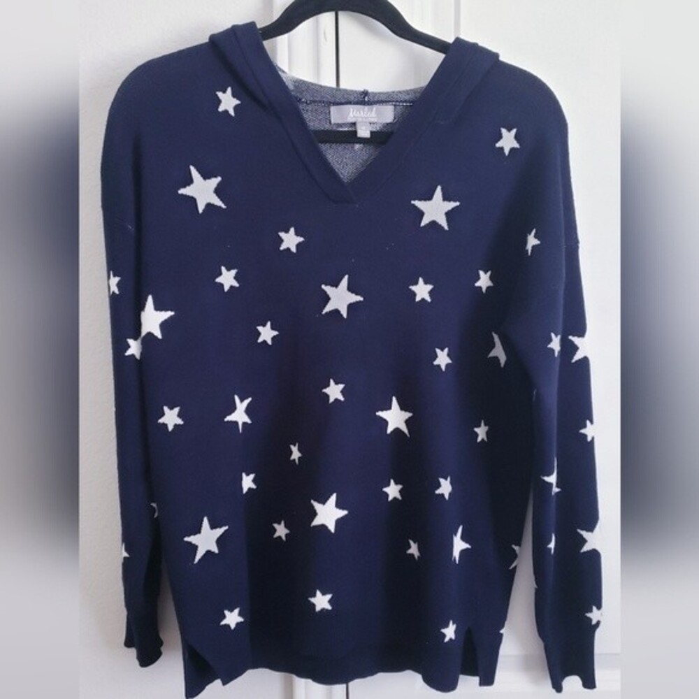 Marled by Reunited navy and ivory star hooded sweater